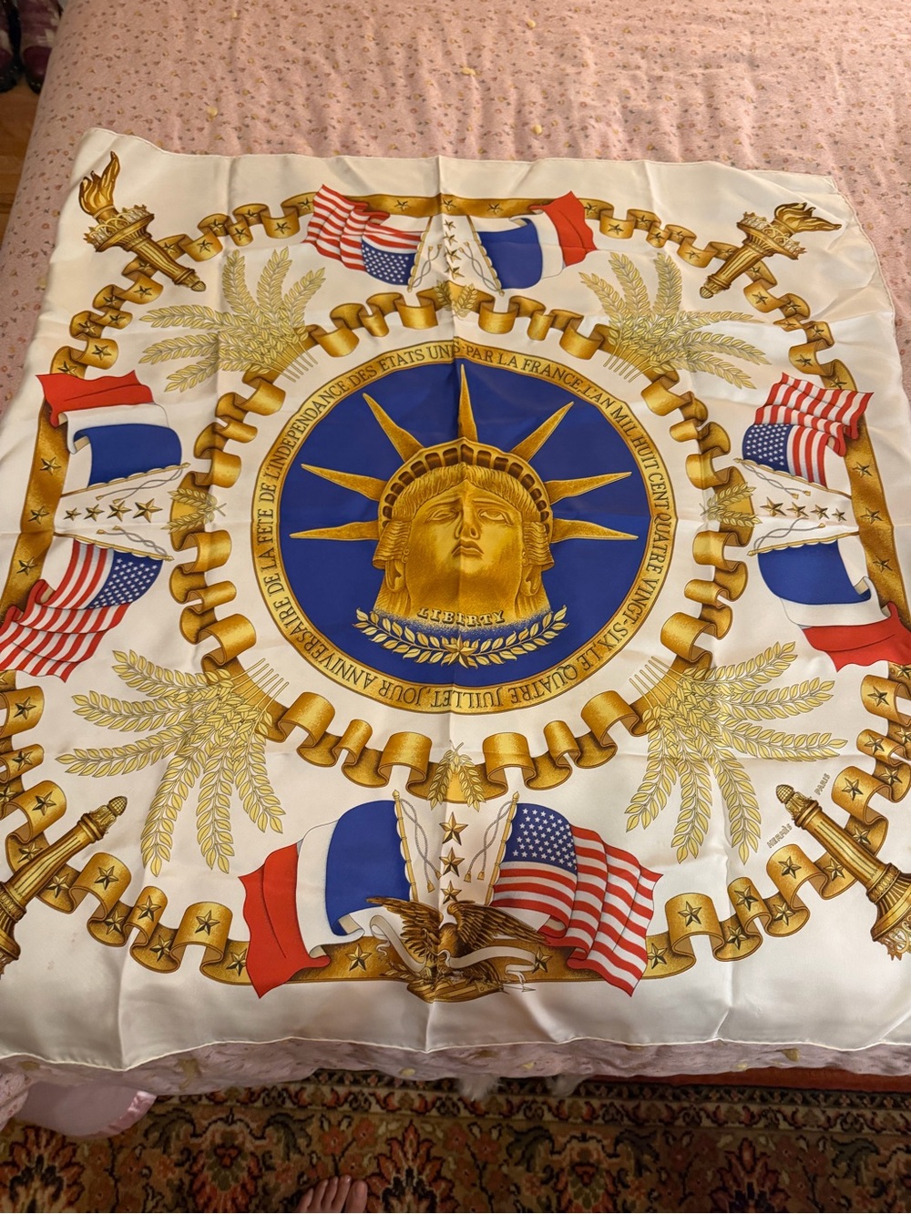 Hermes Gold & Blue Statue of Liberty Motif Silk Scarf